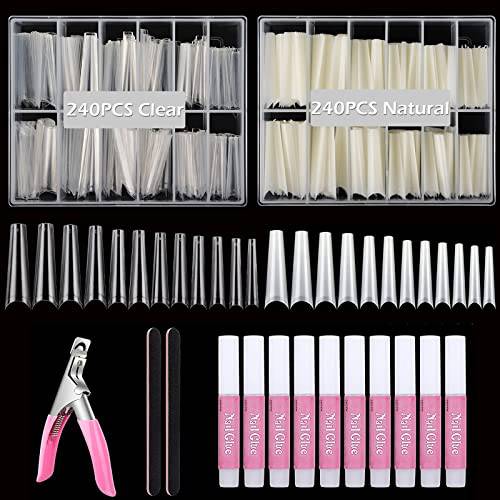 480Pcs XXL Coffin Nails Tips, Extra Long Acrylic Nails, Natural & Clear Nail Tips for Acrylic Nails Professional Nail Tech, 12 Sizes Half Cover Nail Tips And Glue with Boxes