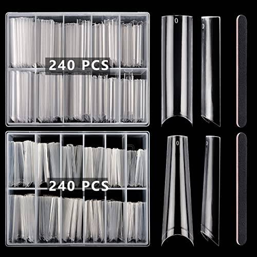 480Pcs Clear Acrylic Nail Tips, Long C Curve & Coffin Nail Tips for Acrylic Nails Professional Set, Half Cover Mixed Artificial Nail Tips for DIY Nail Art, 12 Sizes with 2 Nail Files with Case