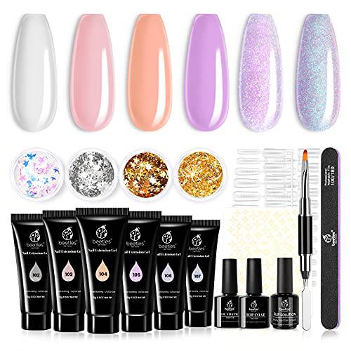 Beetles Poly Nail Gel Kit Extension Nails Builder Gel 6 Poly Colors Clear Pink Glitter with Butterfly Star Decade Slip Solution Poly Nail Gel Brush All In One Poly Nail Enhancement Manicure Kit Mother’s Day Gift for Women