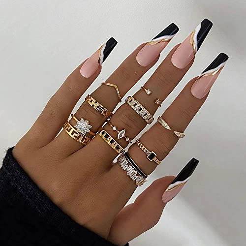 YoYoee Black Press On Nails Coffin Long Fake Nails Acrylic Luxury False Nails French Full Cover Stick On Nails for Women and Girls 24 PCS