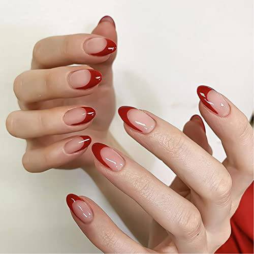 YOSOMK 24Pcs Press on Nails Short Full Cover Almond Fake Nails Glossy Stick on Nails Short French False Nails with Glue Acrylic Nails for Women（Red fingertips）
