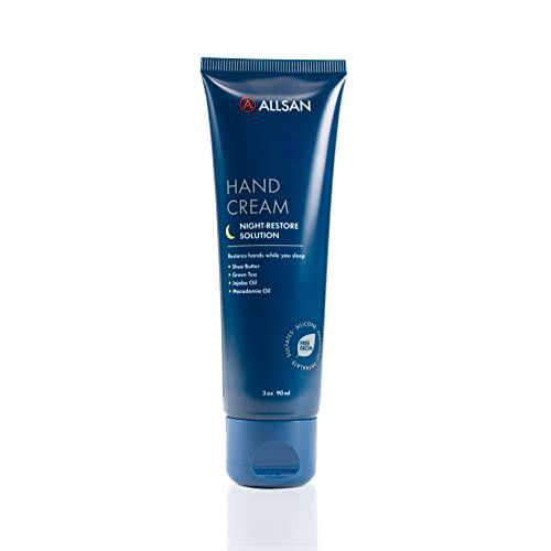 AllSan Hand Cream Night-Restore Solution, 100% Vegan, Restores hands while you sleep, Enriched with Shea Butter, Green Tea, Jojoba Oil, Macadamia Oil, Non-sticky, Non-greasy, Fast absorption, 3 oz