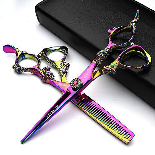Professional 6.0 Inch Rainbow color Dragon Handle 440C Salon Hair Cutting Shear Thinning scissors, Perfect for Barber Stylist and Home Use（scissors set）