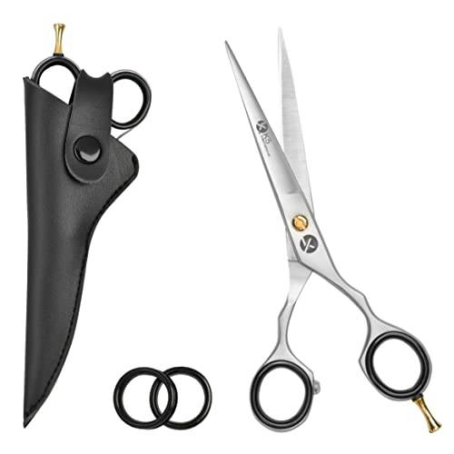 K5 International Professional Hair Cutting Scissors, Japanese Stainless Steel Barber Scissors with Detachable Finger Inserts, 6 Inch for Men, Women, Adult and Salon Leather Pouch, Grey