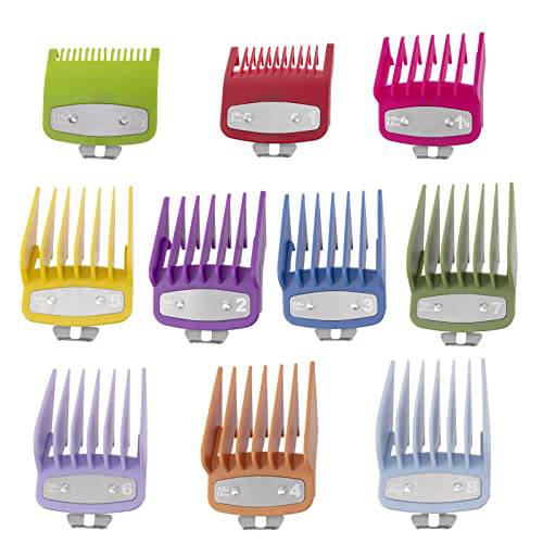 10 Pack Clipper Guards Cutting Guides Compatible with Wahl Clipper with Metal Clip/Color Coded-from 1/16 Inch to 1 Inch(1.5-25mm)，Fits All Full Size Compatible with Wahl Clippers