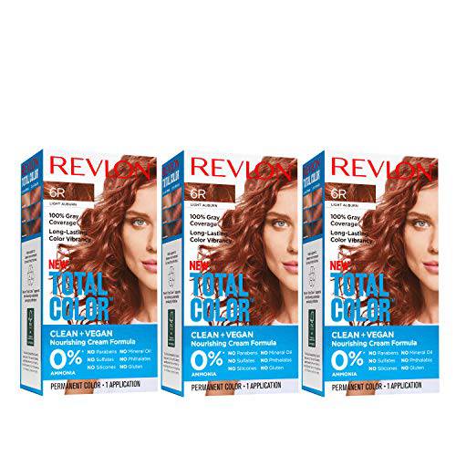 REVLON Total Color Permanent Hair Color, Clean and Vegan, 100% Gray Coverage Hair Dye, 6R Light Auburn, 10.2 oz (Pack of 3)