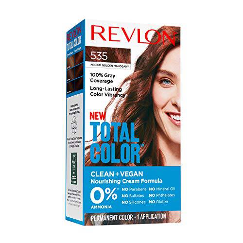 Revlon Total Color Permanent Hair Color, Clean and Vegan, 100% Gray Coverage Hair Dye, 535 Medium Golden Mahogany, Pack of 1