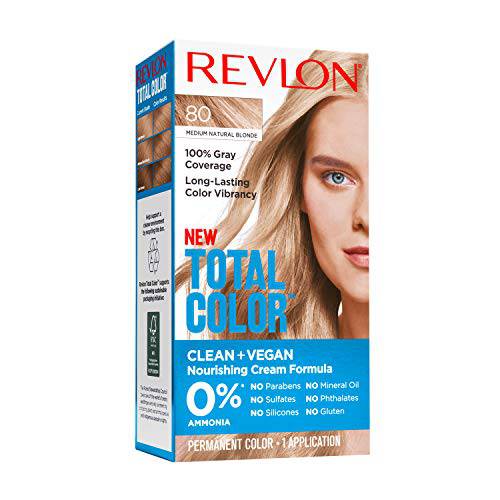 Revlon Total Color Permanent Hair Color, Clean and Vegan, 100% Gray Coverage Hair Dye, 80 Medium Natural Blonde, 3.5 oz
