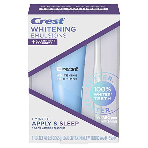 Crest Whitening Emulsions Leave-On Teeth Whitening Gel Kit + Overnight Freshness with Wand Applicator and Stand, Apply & Sleep, 0.88 Oz