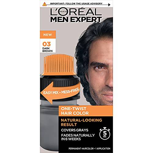 L’Oreal Paris Men Expert One Twist Mess Free Permanent Hair Color, Mens Hair Dye to Cover Grays, Easy No Mix Ammonia Free Application, Dark Brown 03, 1 Application Kit