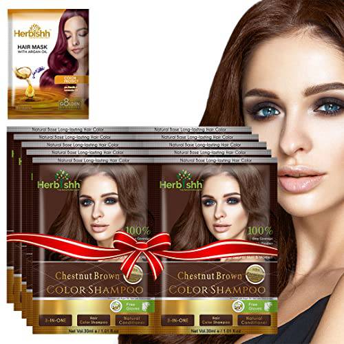 Herbishh Hair Color Shampoo for Gray Hair–Natural Hair Dye Shampoo with Argan Hair Mask–Travel size-Colors Hair in Minutes–Long lasting colour–10pack+1pack–Ammonia-Free (Chestnut Brown)