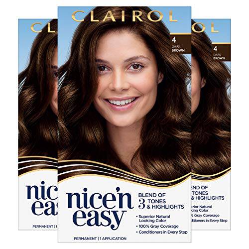Clairol Nice’n Easy Permanent Hair Dye, 4 Dark Brown Hair Color, Pack of 3