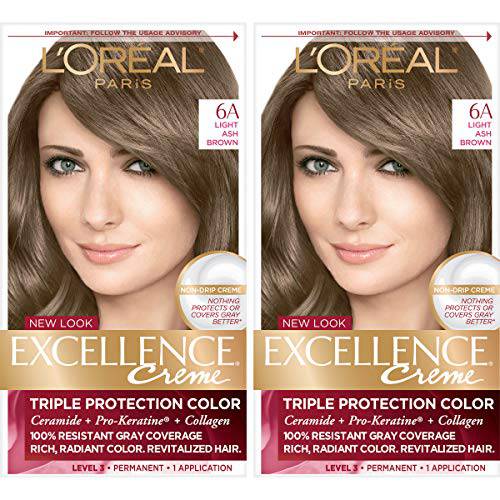 L’Oreal Paris Excellence Creme Permanent Hair Color, 6A Light Ash Brown, 100 percent Gray Coverage Hair Dye, Pack of 2