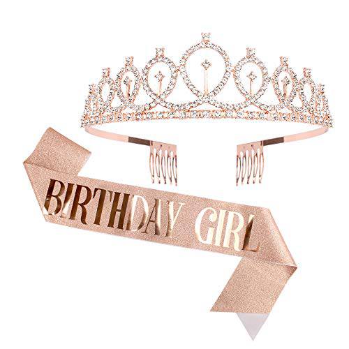 CIEHER Crowns for Women,Birthday Girl Sash & Rhinestone Tiara Kit,Birthday Girl Crown,Birthday Crowns for Women, Birthday Tiara for Girls,Rose Gold Tiara,Crown Royal Gifts