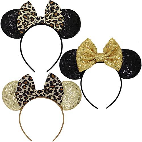 LIHELEI Minnie Mouse Ears Headband with Leopard Bows, Party Decoration Headbands for Halloween Costume, Headwear Hair Accessories for Women Girls-3 PCS A