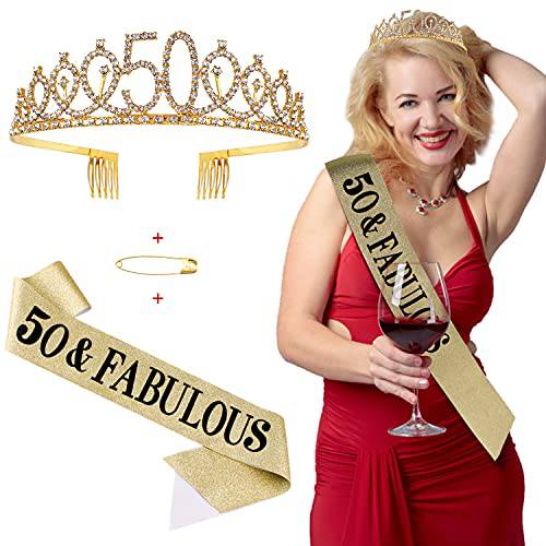 50th Birthday Gifts for Women, 50th Birthday Decorations, 50th Birthday Decorations Women, 50 Birthday Decorations for Women, Tiaras and Crowns for Women Birthday,50 and fabulous(Gold)
