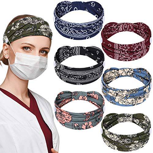 6 Pieces Nursing Headbands with Buttons for Nurses Doctor Women Boho Bandana Headbands Wide Stretch Head Wraps Elastic Hair Bands for Face Covering Holder Ear Protection (Retro Pattern)