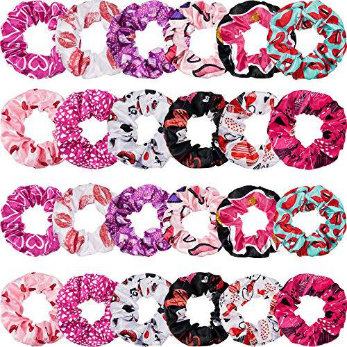 24 Pieces Valentine’s Day Hair Scrunchies Hearts Hair Scrunchies Soft Elastic Hair Bands Ponytail Holder Hair Tie for Women Girls Hair Accessories, 12 Colors, 3.15 Inch, 3.94 Inch (Novel Pattern)