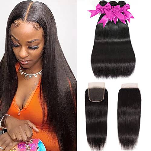 10A Human Hair Bundles with Closure (14 16 18+12 Inch) Brazilian Straight Hair Bundles with Closure 100% Unprocessed Virgin Remy Straight Human Hair Weave 3 Bundles with Lace Closure 4x4 Free Part