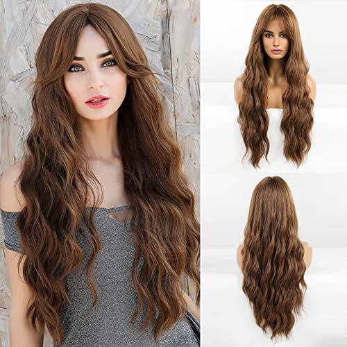 HAIRCUBE Reddish Brown Wigs for Women,Long Wave Synthetic Wigs with Bangs Heat Resistant Fibre Wig Natural looking