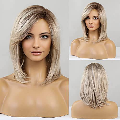 HAIRCUBE Blonde Wigs for Women Shoulder Length Layered Synthetic Hair Wig with Dark Roots