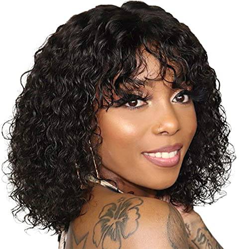 Acantam Curly Wig with Bangs Grade 10A Virgin Human Hair Wig with Bnags for Black Women Kinky Curly Human Hair Wig with Bangs 150% Density Glueless None Lace Front Wig Natural Black Color(12 Inch)
