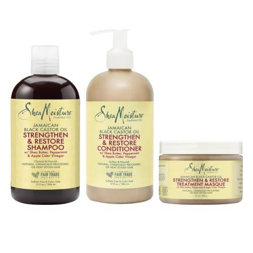 SheaMoisture Strengthen and Restore Shampoo, Conditioner and Masque for Damaged Hair Jamaican Black Castor Oil Hair Care Regimen