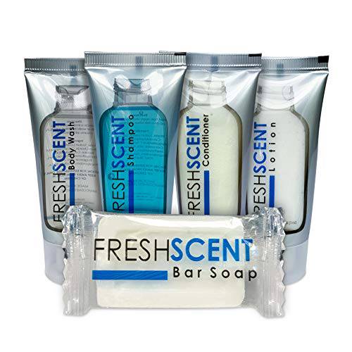 250 Piece Set of FRESHSCENT HOTEL COLLECTION Travel Size Toiletries. Starter Kit contains 50 Tubes each of 1oz Shampoo, 1oz Conditioner, 1oz Body Wash, 1oz Lotion, and 50 Bars of 1oz Soap.