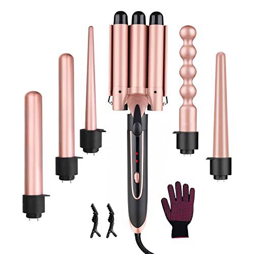 Curling Iron, 6-in-1 Curling Wand Set , Hair Waver Hair Crimper 0.35 to 1.25 Inch Interchangeable Ceramic Barrel , Instant Heat Up , 2 Temperature Control , Glove & 2 Hair Clips