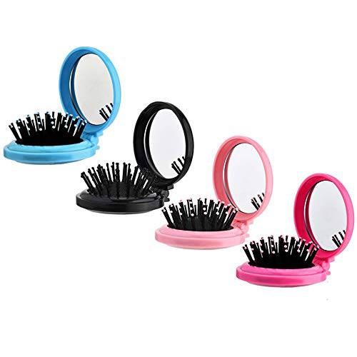 4 Pcs Pocket Hair Brush with Mirror Folding Round Travel Hair Brush Mini Hair Comb Compact Travel Size Hair Massage Combor for Women and Girls, Black