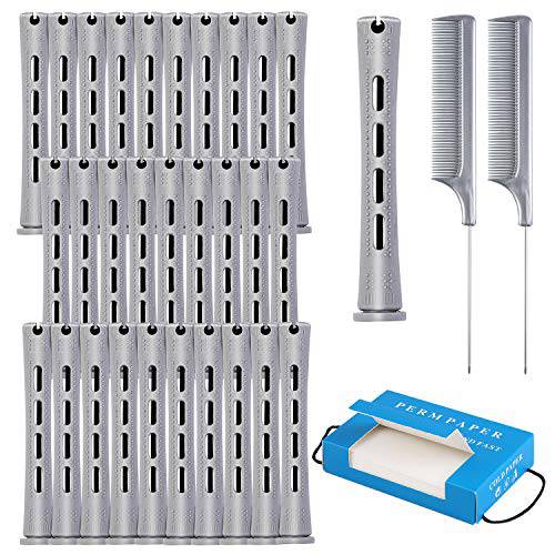 Elcoho 48 Pieces Gray Hair Perm Rods, 3.3 x 0.6 Inch Curler Perm Rods Cold Wave Perming Rods with 2 Steel Pintail Comb and 300 Pieces Perm Paper, for Hairdressing Styling