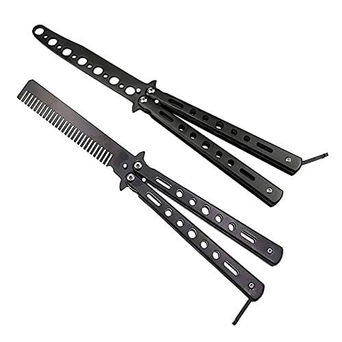 LANYARDWH Butterfly Knife Comb Trainer Martial Arts Knives Practice Tool Steel Metal Folding Unsharpened Blade, Apply to Newbie Training for Practicing Flipping Tricks, Set of 2, black1, One Size