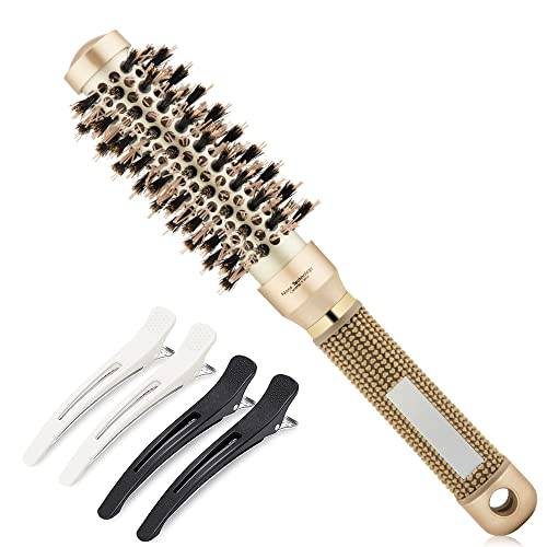 Round Brush for Blow Drying, Small Round Barrel Brush With Boar Bristle, Nano Thermal Ceramic Barrel Ionic Tech Hair Brush, for Styling,Curling and Straightening + 4 Clips (2.4 Inch, Barrel 1 Inch)