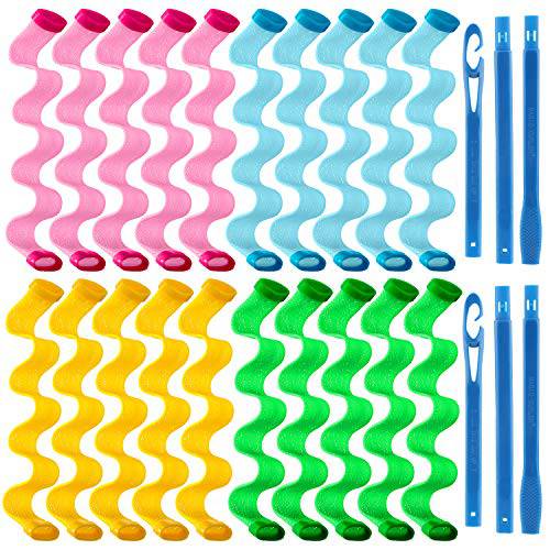 42 Pieces No Heat Hair Spiral Curlers Wave Curls Styling Kit, Include 40 Pieces Hair Curler Rollers Curling Rods 2 Pieces Styling Hooks for Hair Supplies (30 cm B/ 11.81 Inch)
