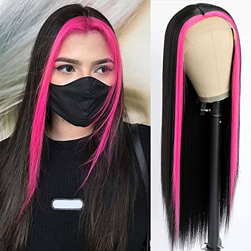 QD-Tizer Black Hair Color Lace Front Wig Highlights Straight Hair Wigs with Hot Pink Hair Streaks Heat Resistant Fiber Hair Synthetic Lace Front Wigs for Fashion Women