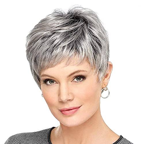 DKE&YMQ Gray Wigs for Women, Temperament, Oblique Bangs, Texture, Fluffy Short Hair, Black Gradient Silver, Middle-Aged and Elderly Women’S, Natural Hair for Daily Use, Suitable for Girls and Women
