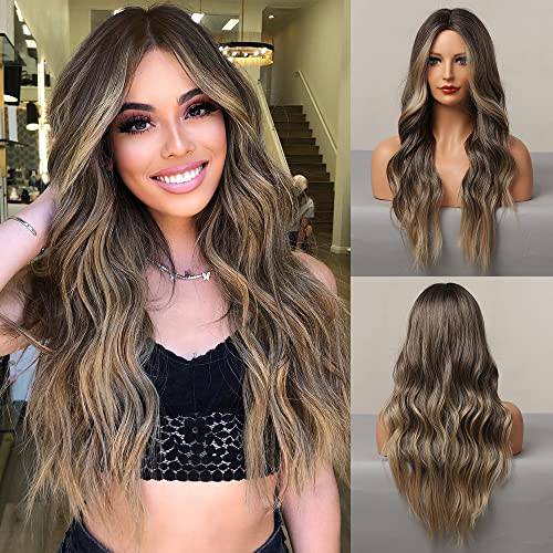 HAIRCUBE Ombre Brown Wigs for Women Long Brown Highlights Curly Wig Middle Part Natural Synthetic Wigs for Daily Use