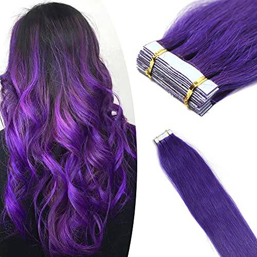 Yotty Hair Extensions Tape in Seamless Skin Weft Remy Human Hair (16Inch 10Pcs, Purple)