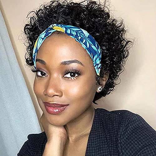 Short Curly Headband Wig Human Hair for Black Women Pixie Cut Glueless Wigs with Wide Black Headbands Afro Half Headband Wigs 6’’ 150% Density Short Black Human Hair Wigs for Black Women