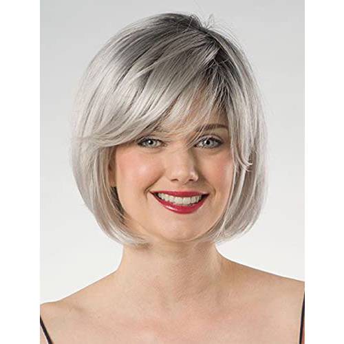 RENERSHOW Grey Bob Short Wigs for White Women Ombre Gray Bob Wig with Bangs Straight Bob Haircuts Heat Synthetic Wigs for Old Lady