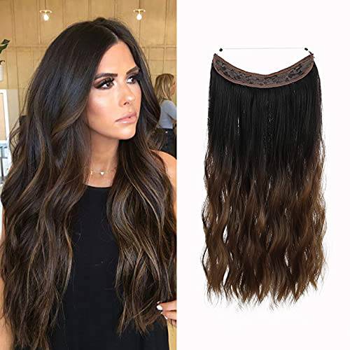 HAIRCUBE Halo Hair Extensions Invisible Curly Hair Extensions Hairpieces Adjustable Size Headband Transparent Wire No Clips 16 Inch Ombre Blonde