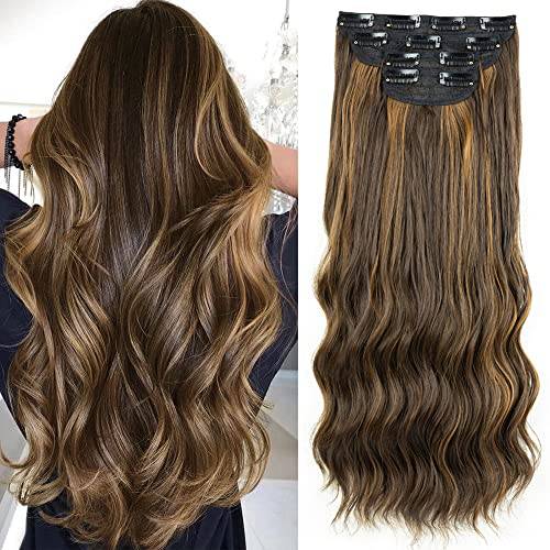 YDDM Clip in Hair Extensions 4pcs Set Curly Wave 24 Inch Long Hair Extension Clip ins Balayage,Wavy Hair Extensions for Women Synthetic Clip on Extension