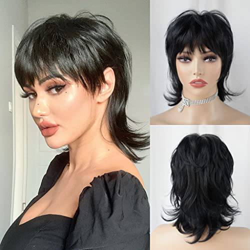 Short Black Wig StrRid Shaggy Layered 80s Mullet Wig Pixie Cut Wig With Bangs Curly Synthetic Natural Fake Hair Replacement Wigs for White Women Daily Party Cosplay Costume Use (Black)