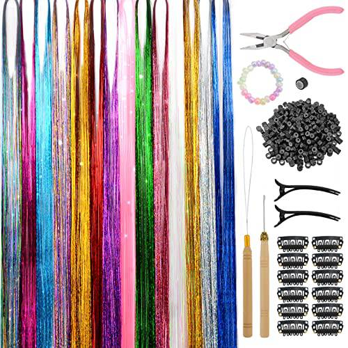 XINHE Hair Tinsel Kit,14 Colors Tinsel Hair Extensions for Women Girls,2800 Strands Fairy Hair Tinsel Heat Resistant Sparkling Shiny Tinsel Hair Extensions 48 Inch Colorful Hair Tinsel strands Kit