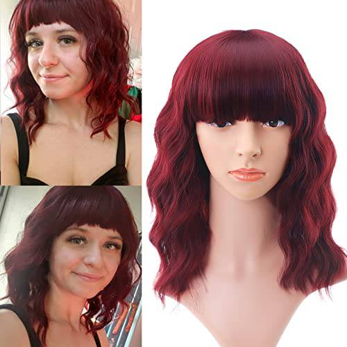BEHPAY Red Wig with Bangs for Women Short Wavy Curly Bob Wigs 14 Inch Shoulder Length Synthetic Heat Resistant Wig Daily Party Cosplay Wig