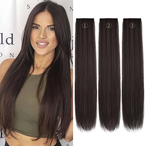 REECHO 24“ Thick Long Straight 3PCS Set Clip in on Hair Extensions for Women Girls Dark Brown