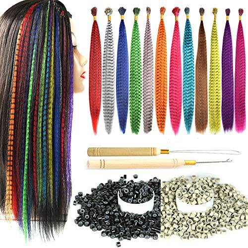 YUDAOHAIR Synthetic Feather Hair Extensions for Women 16 Inch Hairpieces With100pcs Silicone Micro link Beads And 2 Crochet Hooks Hair Feathers with Tools Kit (16’’, 12 feather mix colors)