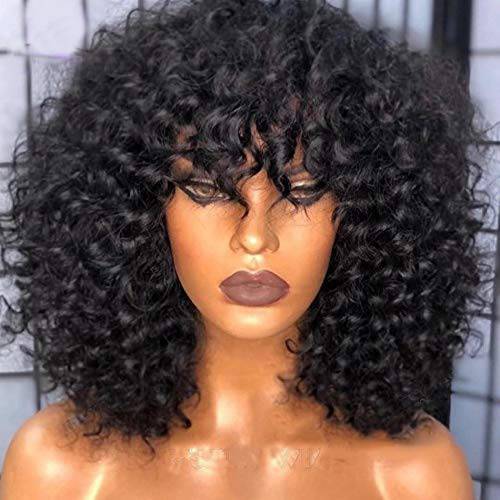 200 Density Curly Human Hair Wigs Full Machine Made Wigs with Bangs Human Hair Curly Wig Brazilian Remy Short Curly Wig Natural Color 14 Inch