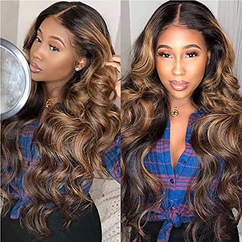 Glueless 4/27 Highlight Transparent Lace Front Wig Brazilian Body Wave Human Hair Wigs Ombre Brown Honey Blonde 13x6 T Lace Wig 150% Density Highlight Human Hair Wigs Virgin Hair for Black Women (20 Inch)