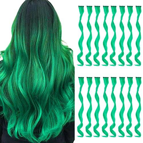 TOFAFA 16 Pcs Colored Hair Extensions Curly Wavy Clip in Synthetic Hairpiece Streak for Girls Women Kid, Multi-colors Party Highlights (Green)